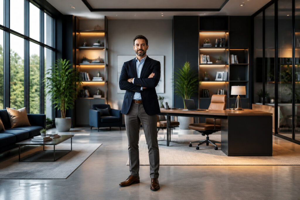 Homme daffaires confiant dans son bureau moderne