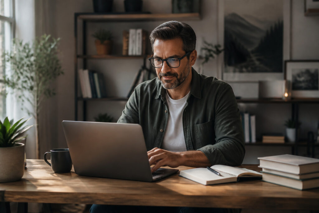 Auteur concentre dans son bureau