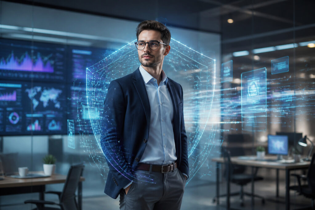 Professionnel de la tech avec bouclier numerique