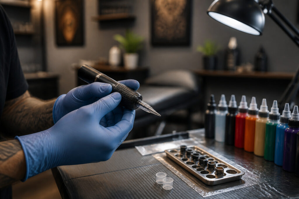 Mains gantees tenant une machine a tatouer