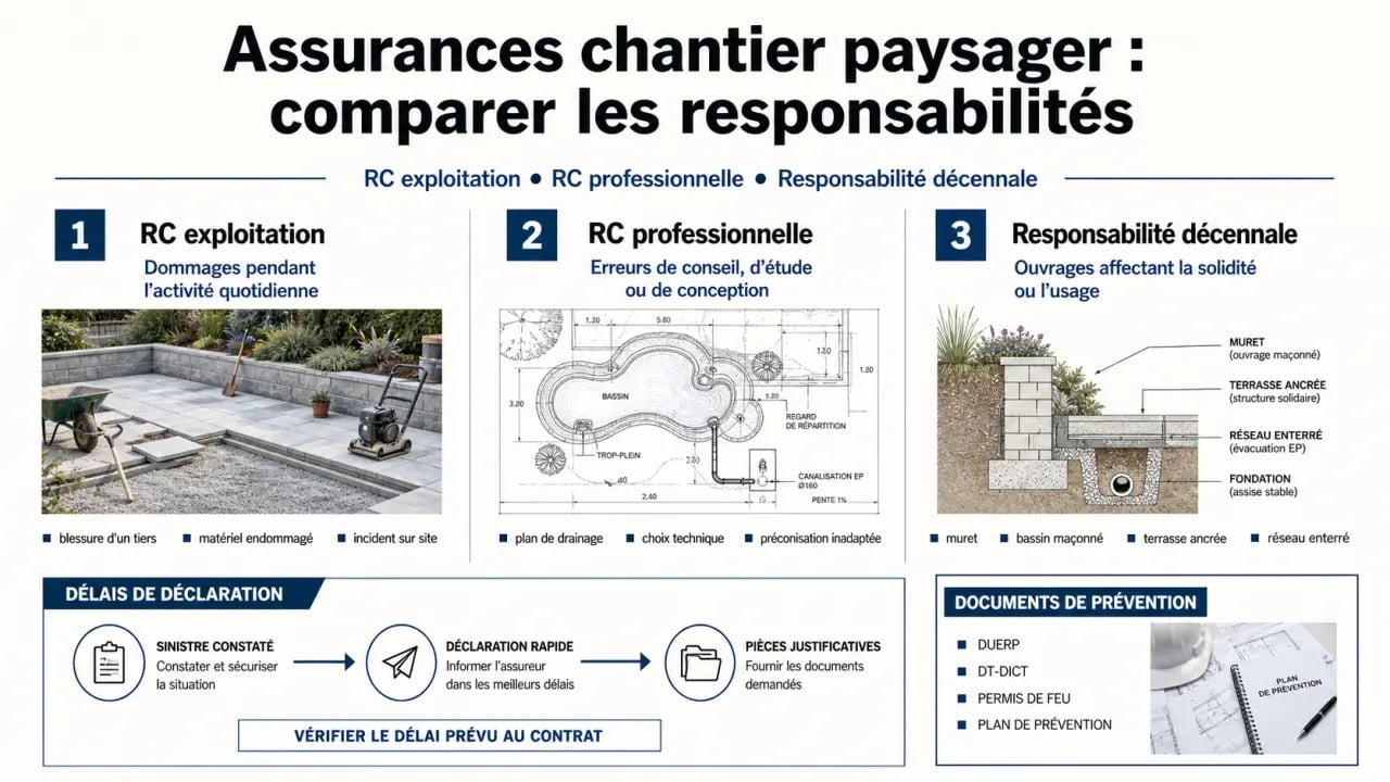 Responsabilité civile et gestion des risques sur les chantiers paysagers : comparaison visuelle des garanties et des mesures de prévention